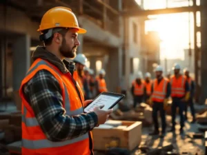 Bouwopzichter met digitale tablet toont veiligheidslijst aan groep arbeiders in oranje veiligheidsvesten bij houten gereedschapskist op bouwplaats