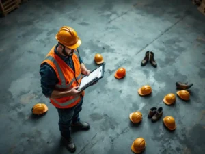 Gefrustreerde bouwsupervisor met klembord staat tussen verspreide veiligheidshelmen en werkschoenen op betonvloer