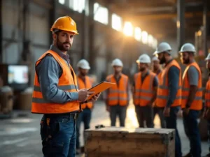 Bouwsupervisor met oranje klembord tijdens teamoverleg met arbeiders in veiligheidsvesten rond gereedschapskist