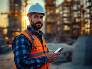 Bouwvakker met smartphone toont veiligheidscontrolelijst op drukke bouwplaats met kranen en steigers