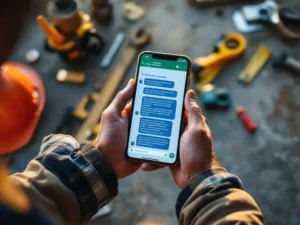 Bouwvakker houdt smartphone met WhatsApp-veiligheidsinstructies boven gereedschap op bouwplaats