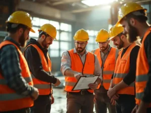 Bouwvakkers in veiligheidsvesten bespreken documentatie op klembord in industriële loods met ochtendlicht