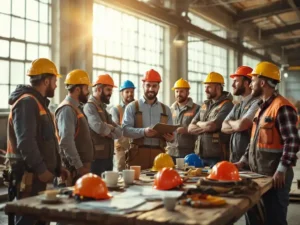 Diverse bouwvakkers luisteren naar supervisor met klembord, veiligheidshelmen op houten tafel in industriële loods