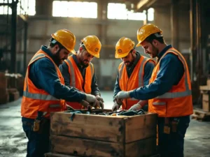 Bouwvakkers in oranje veiligheidsvesten verzameld rond houten gereedschapskist, één wijst naar veiligheidsuitrusting binnen