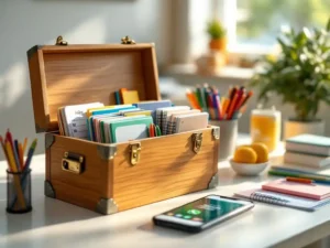 Houten gereedschapskist met messing scharnieren geopend op wit bureau, gevuld met kleurrijke educatieve materialen en leertools