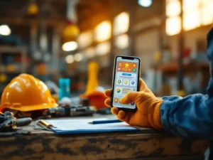 Bouwvakker houdt smartphone met kleurrijke prestatiebadges vast, omringd door veiligheidshelm en gereedschap op houten kist