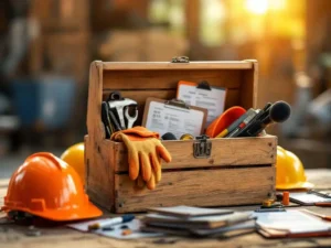 Geopende houten gereedschapskist met veiligheidsuitrusting en werkhandschoenen op bouwplaats tafel