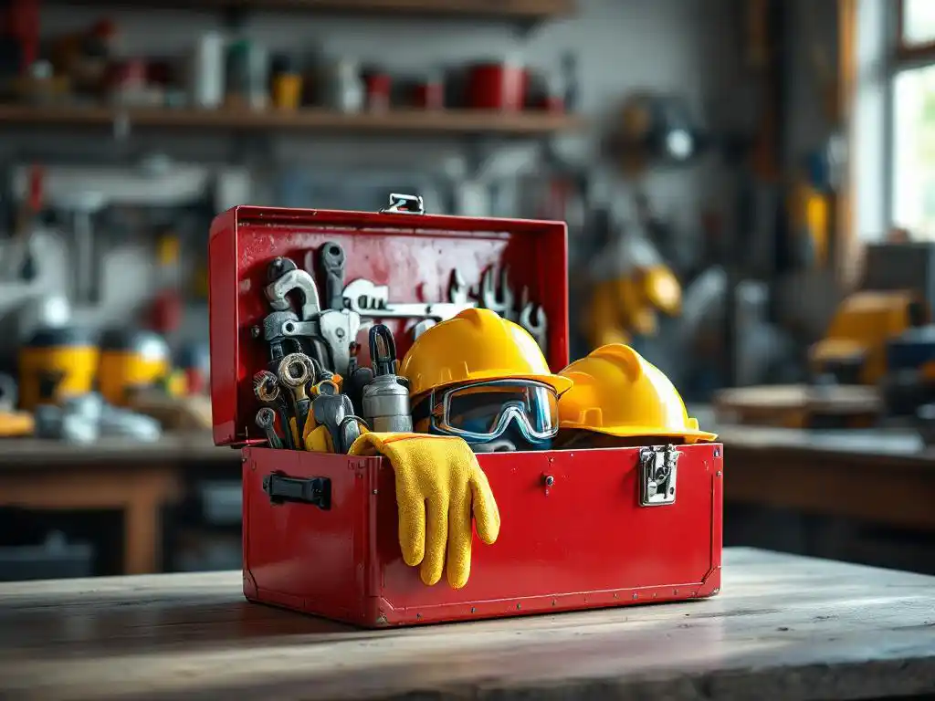 Rode metalen gereedschapskist met veiligheidsuitrusting zoals veiligheidsbril, werkhandschoenen en helm op werkbanktafel