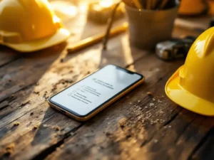 Smartphone met veiligheidscontrolelijst op bouwplaats tafel omringd door gele helmen en veiligheidsuitrusting in ochtendlicht