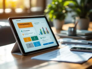 Tablet met kleurrijke trainingsmodules op moderne bureautafel naast papieren checklist en smartphone met WhatsApp-meldingen