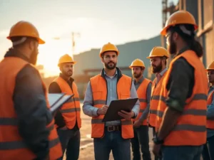 Zelfverzekerde teamleider met klembord spreekt groep bouwvakkers in oranje veiligheidsvesten toe op moderne industriële bouwplaats