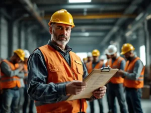 Bouwopzichter met klembord staat voor afgeleid werkteam in veiligheidshelmen in industriële magazijnruimte