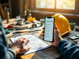 Smartphone met voltooide veiligheidscontrolelijst op gele bouwhelm naast klembord en gereedschap op houten werkbank