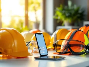Gele veiligheidshelmen, oranje waarschuwingsvesten en veiligheidsbrillen op wit bureau naast smartphone met WhatsApp