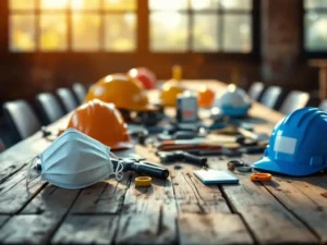 Diverse veiligheidshelmen en werkgereedschap op houten vergadertafel met natuurlijk zonlicht door ramen