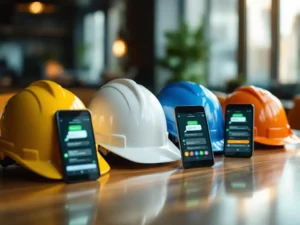 Veiligheidshelmen uit verschillende industrieën op conferentietafel met smartphones die WhatsApp-gesprekken tonen