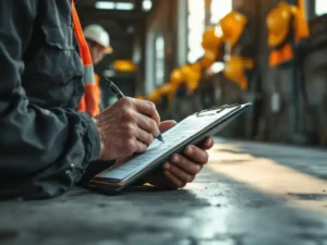 Bouwopzichter vult veiligheidscontrolelijst in op klembord, omringd door gele helmen en oranje veiligheidsvesten