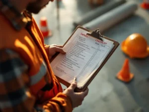 Bouwvakker controleert veiligheidslijst op klembord tussen oranje pilon en helmen op betonnen bouwplaats