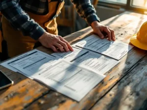 Bouwvakker organiseert veiligheidschecklists en inspectieformulieren op houten tafel, gele helm en veiligheidsvest op stoel