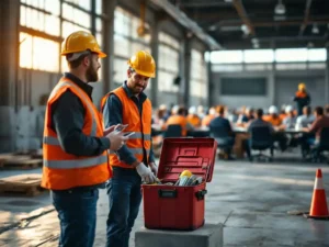 Bouwsupervisor leidt veiligheidsoverleg met drie werknemers rond rode gereedschapskist, klaslokaaltraining op achtergrond