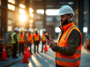 Veiligheidssupervisor in reflecterend vest toont training op smartphone aan groep bouwvakkers bij oranje pionnen