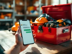 Smartphone met WhatsApp-gesprek over veiligheidsequipment op rode gereedschapskist met helmen, veiligheidsbrillen en werkhandschoenen in werkplaats