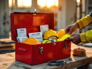 Rode metalen gereedschapskist met veiligheidsuitrusting op bouwplaats, arbeider pakt geel veiligheidsvest