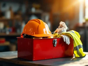 Oranje veiligheidshelm in rode gereedschapskist met gele veiligheidsbril, witte werkhandschoenen en reflecterend veiligheidsvest