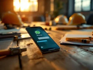 Smartphone met WhatsApp-interface op houten vergadertafel omringd door veiligheidsklemborden, helmen en meetgereedschap