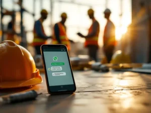 Smartphone met WhatsApp-gesprek over veiligheid naast bouwhelmen en veiligheidsuitrusting op bouwplaats tafel