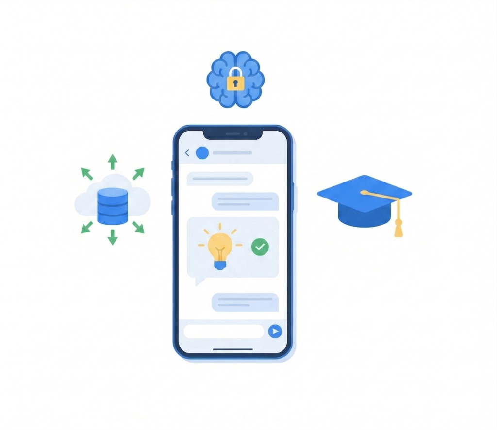 Kennisborging via WhatsApp op een smartphone, met symbolen voor een beveiligd brein, centrale dataopslag en bewezen expertise.