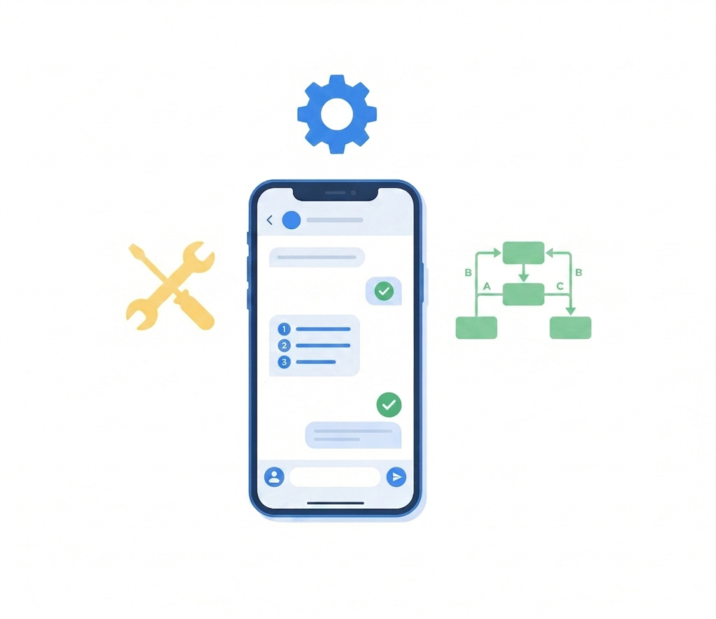Werkinstructies direct delen via WhatsApp, gevisualiseerd met een smartphone, tandwielen, gereedschap en efficiënte workflows.