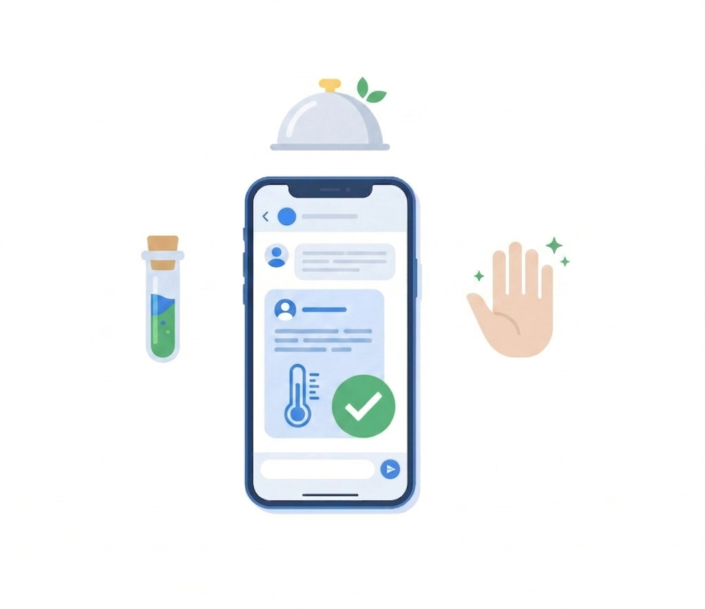 HACCP training via WhatsApp op een telefoon, omringd door iconen voor voedselveiligheid, temperatuurcontrole en persoonlijke hygiëne.