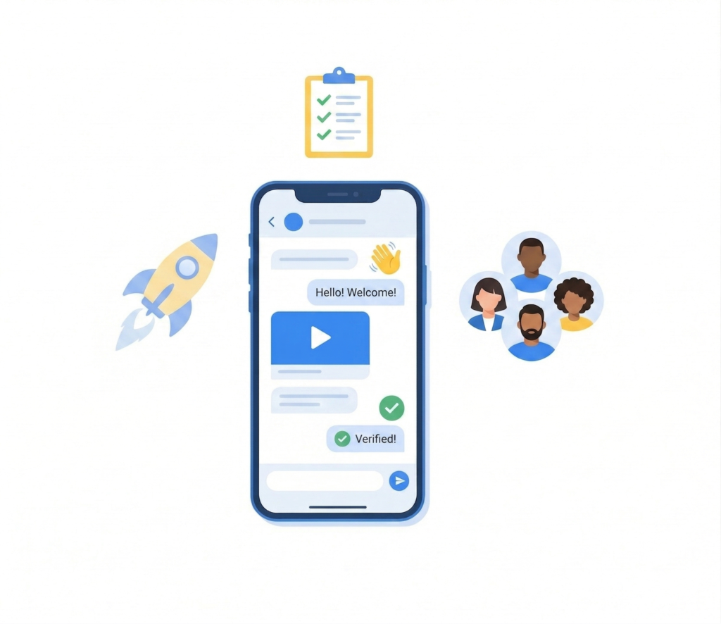 Digitale onboarding via WhatsApp op een telefoon, met iconen voor een contract, teamintegratie en een vliegende start.