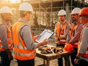 Bouwplaatsopzichter met klembord leidt veiligheidsbriefing voor groep gehelmde arbeiders in warm ochtendlicht.