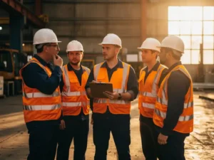 Bouwvakkers in veiligheidshelmen en hesjes luisteren naar teamleider met klembord op werkvloer in warm ochtendlicht.
