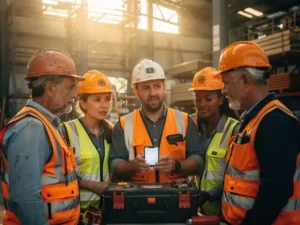 Bouwvakkers en uitzendkrachten bij een toolboxmeeting op de werkvloer, één werknemer toont WhatsApp op smartphone, oranje en gele helmen.