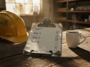 Verouderd klembord met handgeschreven checklist op werkbank, gele bouwhelm en dampende koffie op de achtergrond, warm middaglicht.