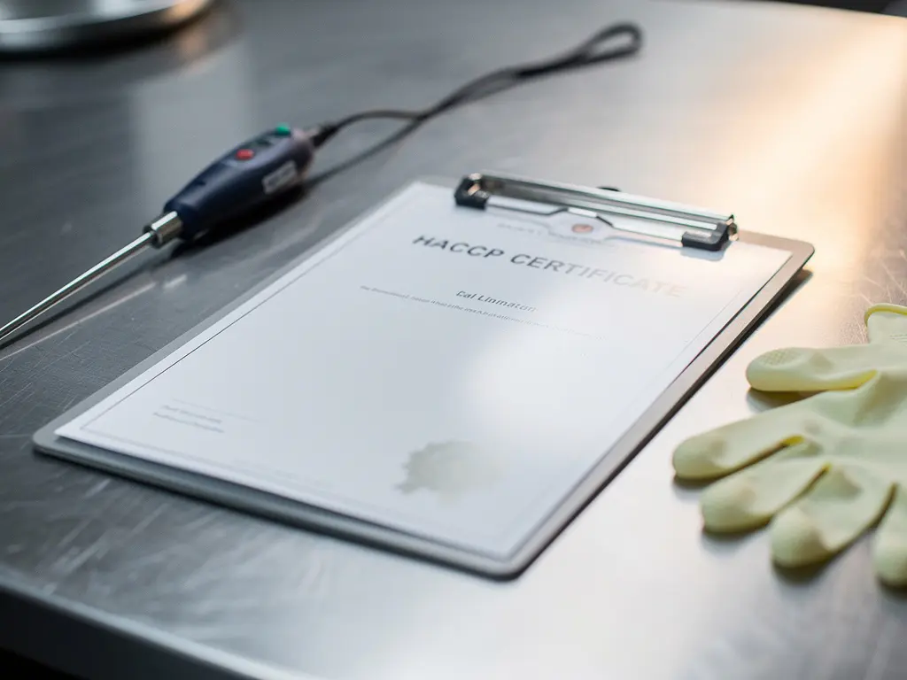 Gelamineerd HACCP-certificaat op roestvrijstalen klembord, naast voedselveilige thermometer en latexhandschoenen op professioneel keukenoppervlak.