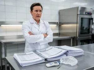 Gefrustreerde voedselveiligheidstrainer met gekruiste armen in commerciële keuken, omringd door HACCP-mappen en checklists op roestvrijstalen werktafel.