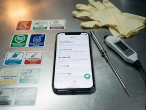 Smartphone met HACCP-trainingsmodule op roestvrijstalen keukenoppervlak, omringd door meertalige voedselveiligheidslabels, thermometer en latexhandschoenen.