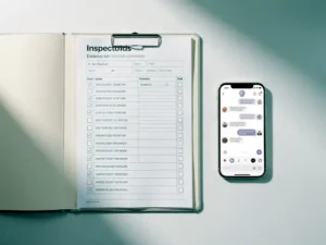 Open inspectiemap met ingevulde checklists en tijdgestempelde formulieren naast smartphone met WhatsApp-gesprek, bovenaanzicht.