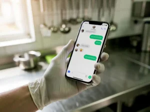 Gehandschoende hand met smartphone met chatgesprek in professionele keuken, roestvrijstalen werkbladen en keukengerei op achtergrond.