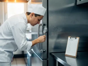 Voedselmedewerker in wit uniform controleert temperatuurmeter van koelkast in commerciële keuken, klembord met checklist op roestvrijstalen toonbank.