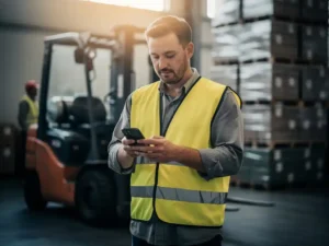 Magazijnmedewerker in geel veiligheidsvest bekijkt smartphone, met vork­heftruck en pallets op de achtergrond.