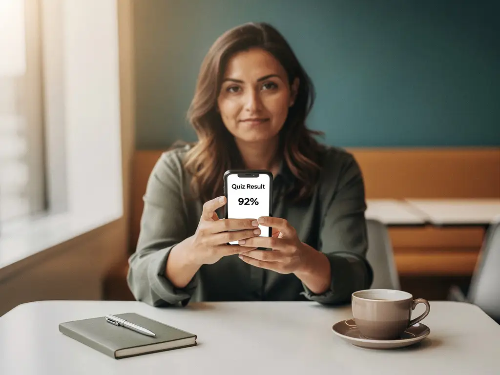 Medewerker bekijkt quizresultaten op smartphone aan moderne pauzetafel, met notitieboekje en koffie in warm natuurlijk licht.