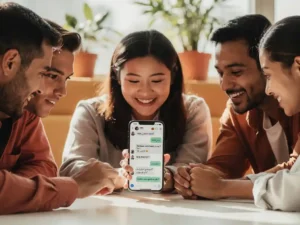 Diverse collega's in een pauzeruimte bekijken samen een smartphone met een meertalig WhatsApp-gesprek, één persoon glimlacht herkennend.
