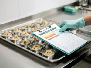 Gehandschoende hand die een kleurgecodeerd temperatuurlogboek plaatst naast een roestvrijstalen keukenblad met voedselmonsters.