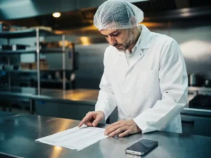 Tijdelijke voedingsindustrie medewerker in witte jas en haarnet controleert temperatuurlog op roestvrijstalen werkvlak.