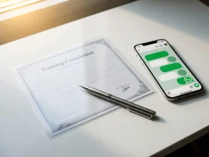 Gelamineerd trainingscertificaat op wit bureau naast smartphone met WhatsApp-gesprek en pen, zachte natuurlijke belichting.
